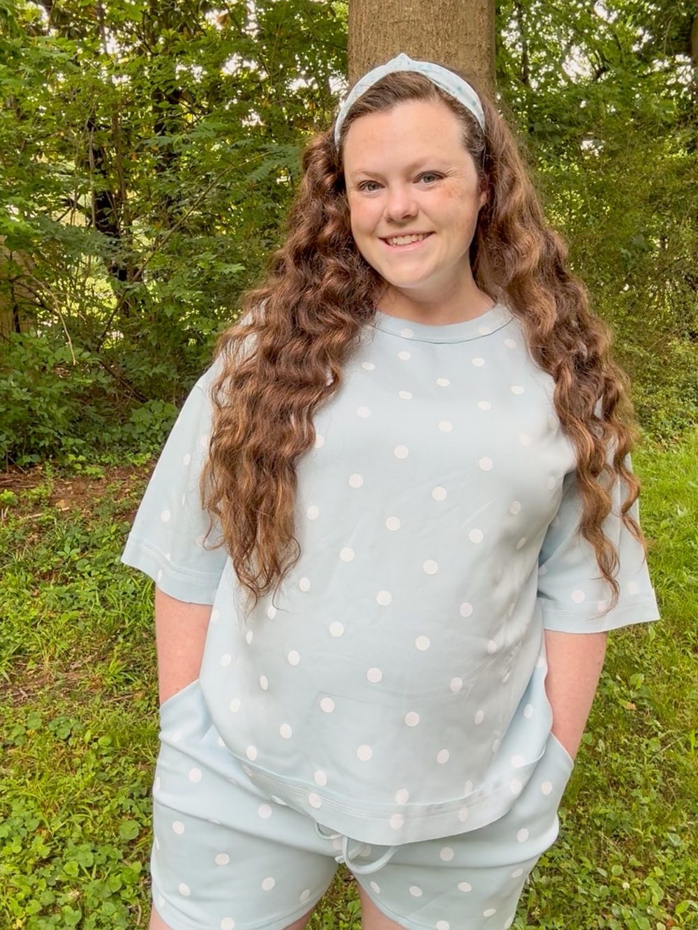 Women’s Light Blue Polka Dot Short Sleeve and Shorts Set - Picture 1 of 1